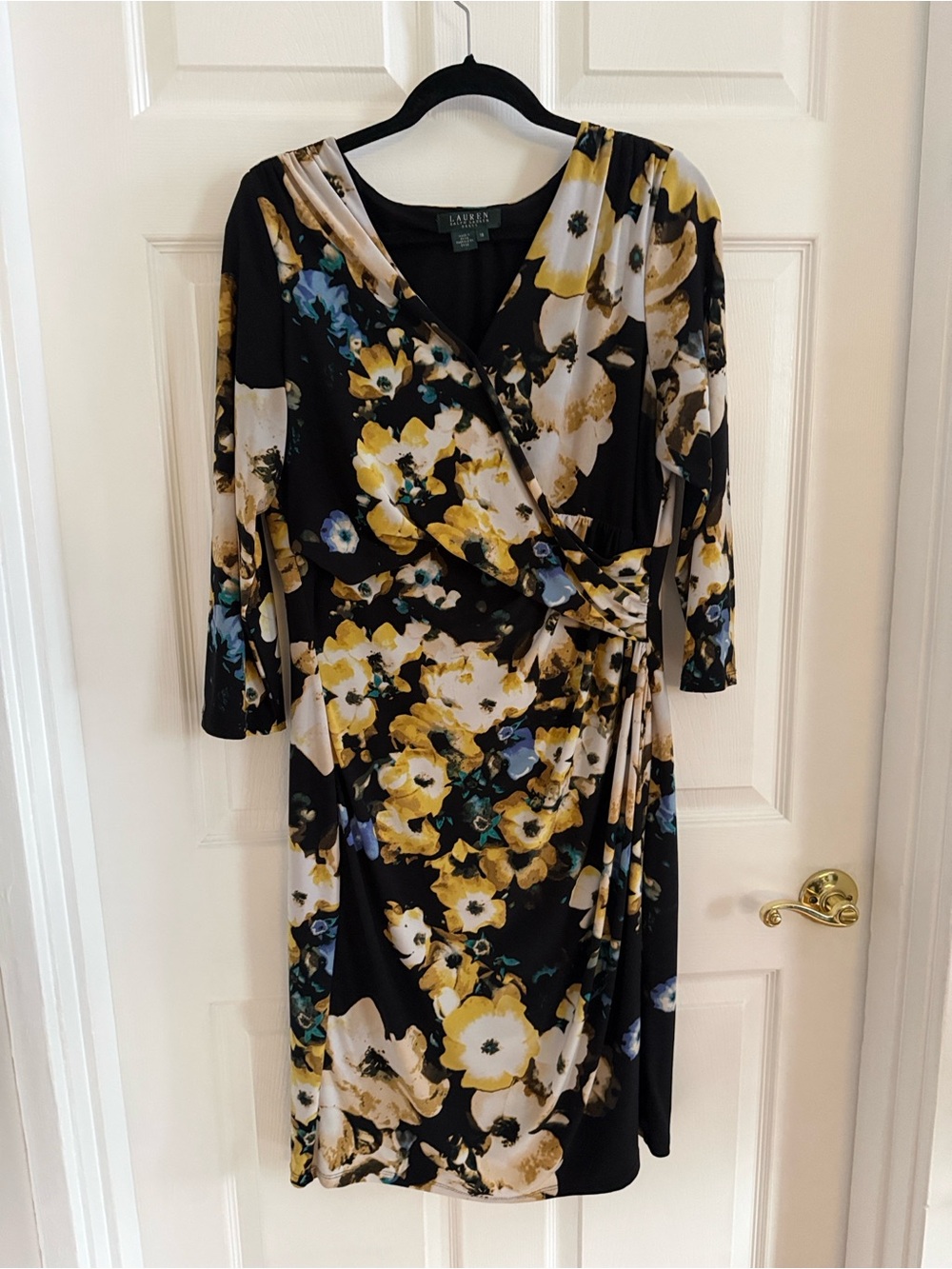 Lauren Ralph Lauren Black Floral Wrap Midi Dress with Yellow & Blue Blooms